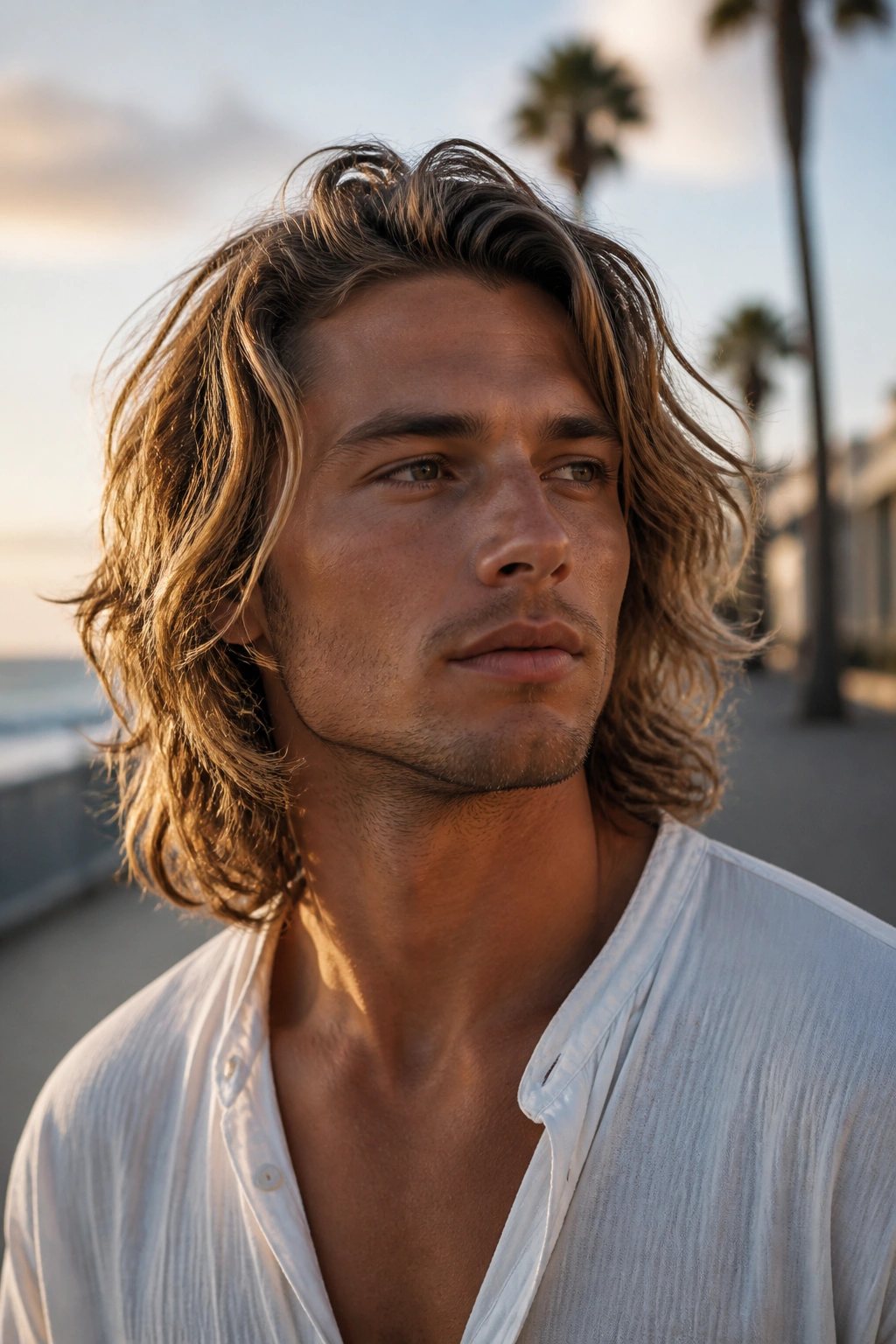 Close-up portrait of a man with surfer-length waves on a seaside boardwalk
