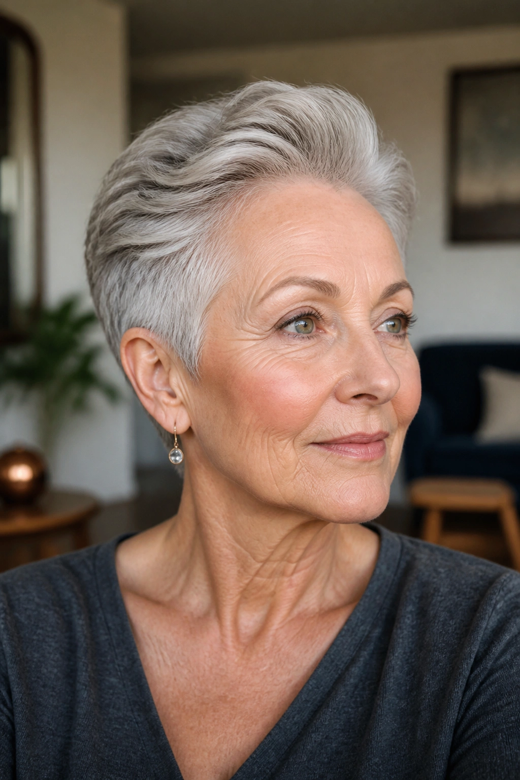 Close-up of an older woman with swept-back crop showing crown lift