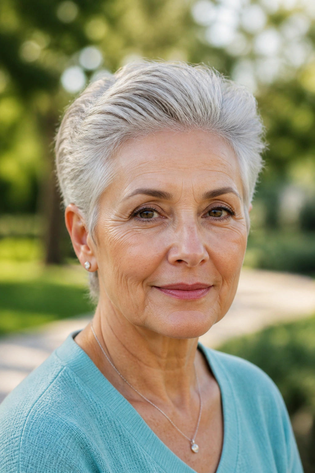 Portrait of a woman with a swept-back crop hairstyle and silver hair.