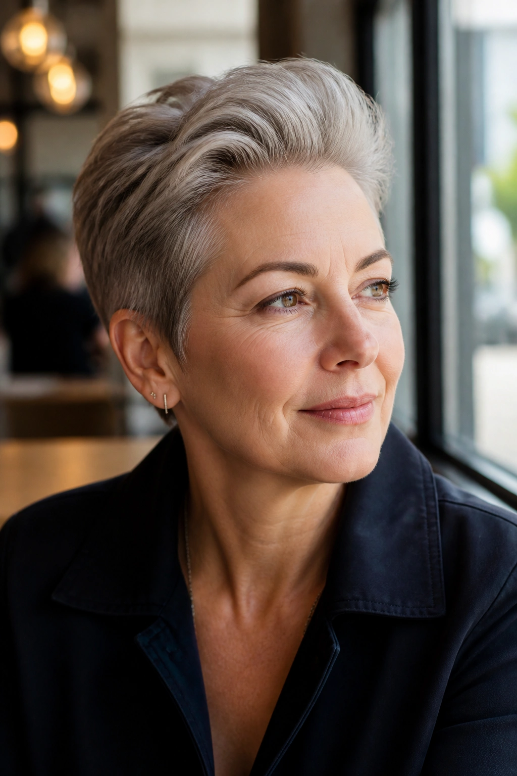 Close-up of real woman with swept-back crop hairstyle