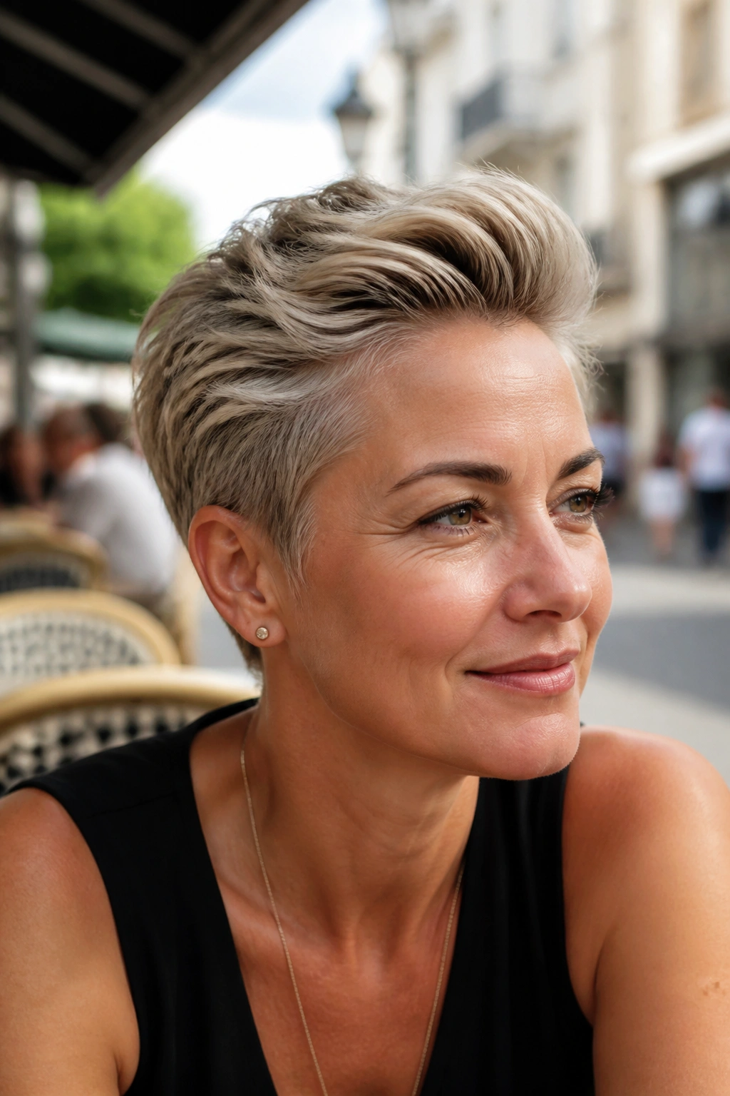 Portrait of a person with swept-back crop hairstyle outdoors
