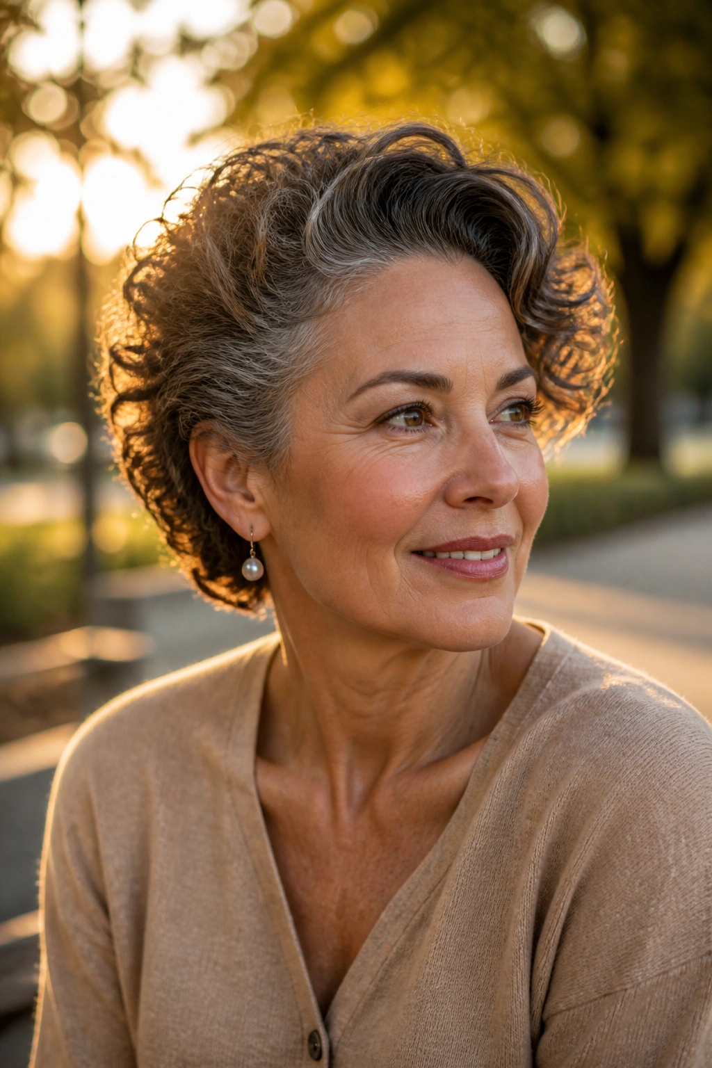 Real woman with curls swept back for volume in outdoor golden hour light
