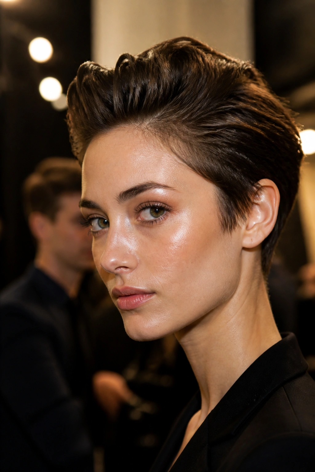 Portrait of a real woman with swept-back pompadour pixie in backstage lighting.
