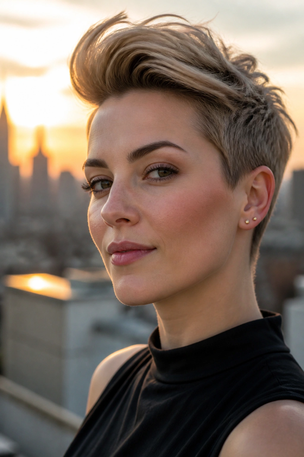 Real woman with swept-back pixie and lifted front.