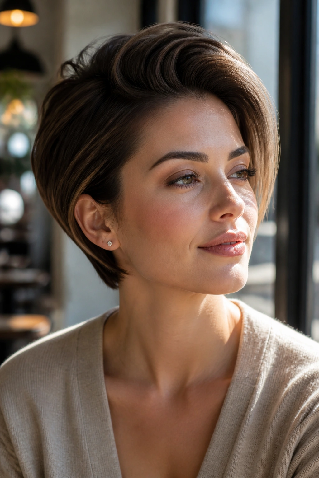 Real woman with swept-back long pixie and long fringe in natural light