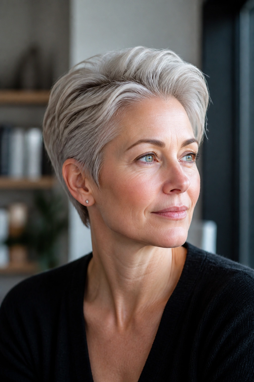 Real woman with swept-back pixie and longer top