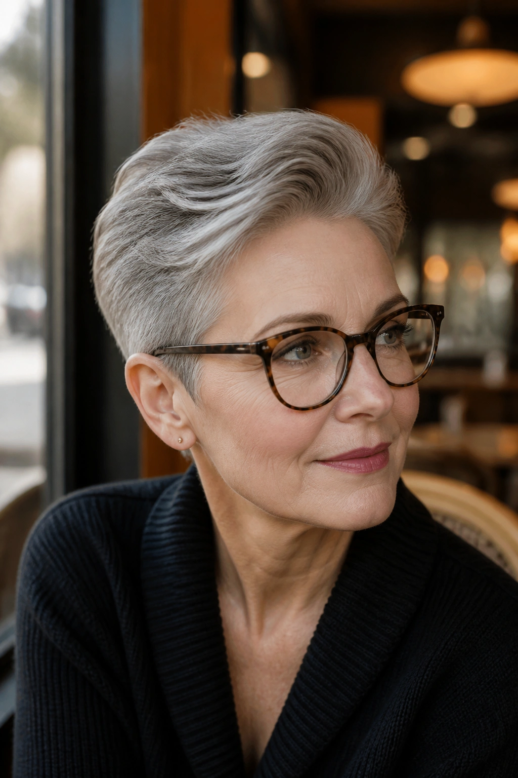 Medium close-up of a real woman with a swept-back pixie and crown volume at a cafe window