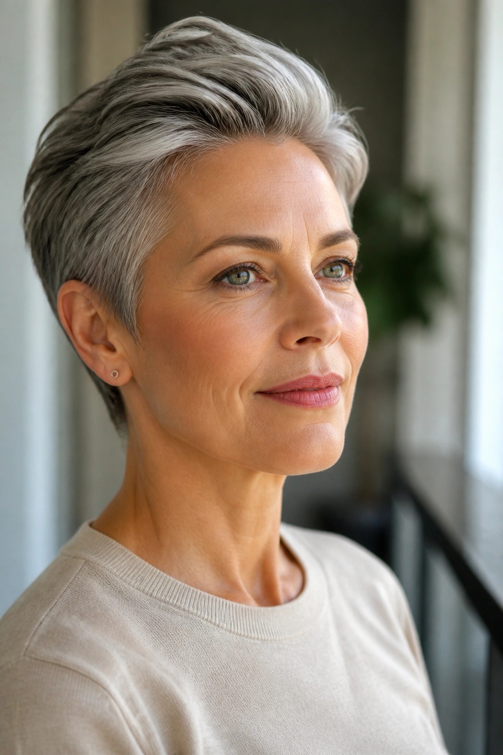 Close-up portrait of a real woman with a swept-back pixie and clean profile.