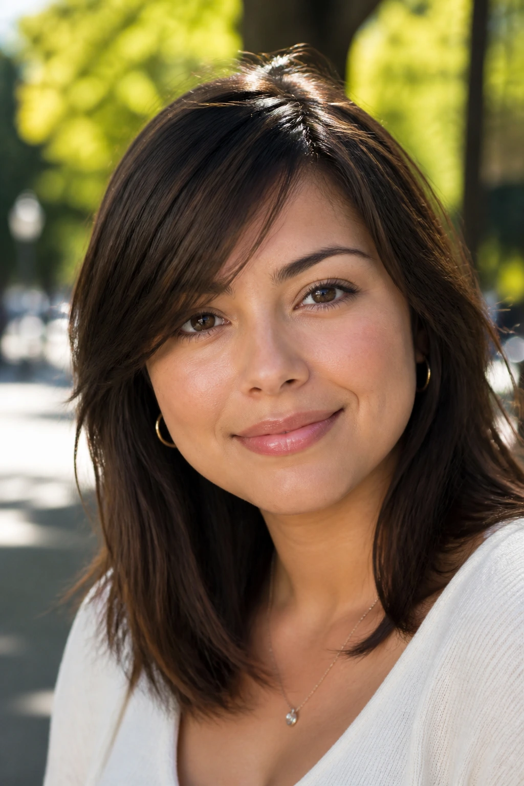 Close-up of a real woman with diagonally swept bangs for a longer look on a round face