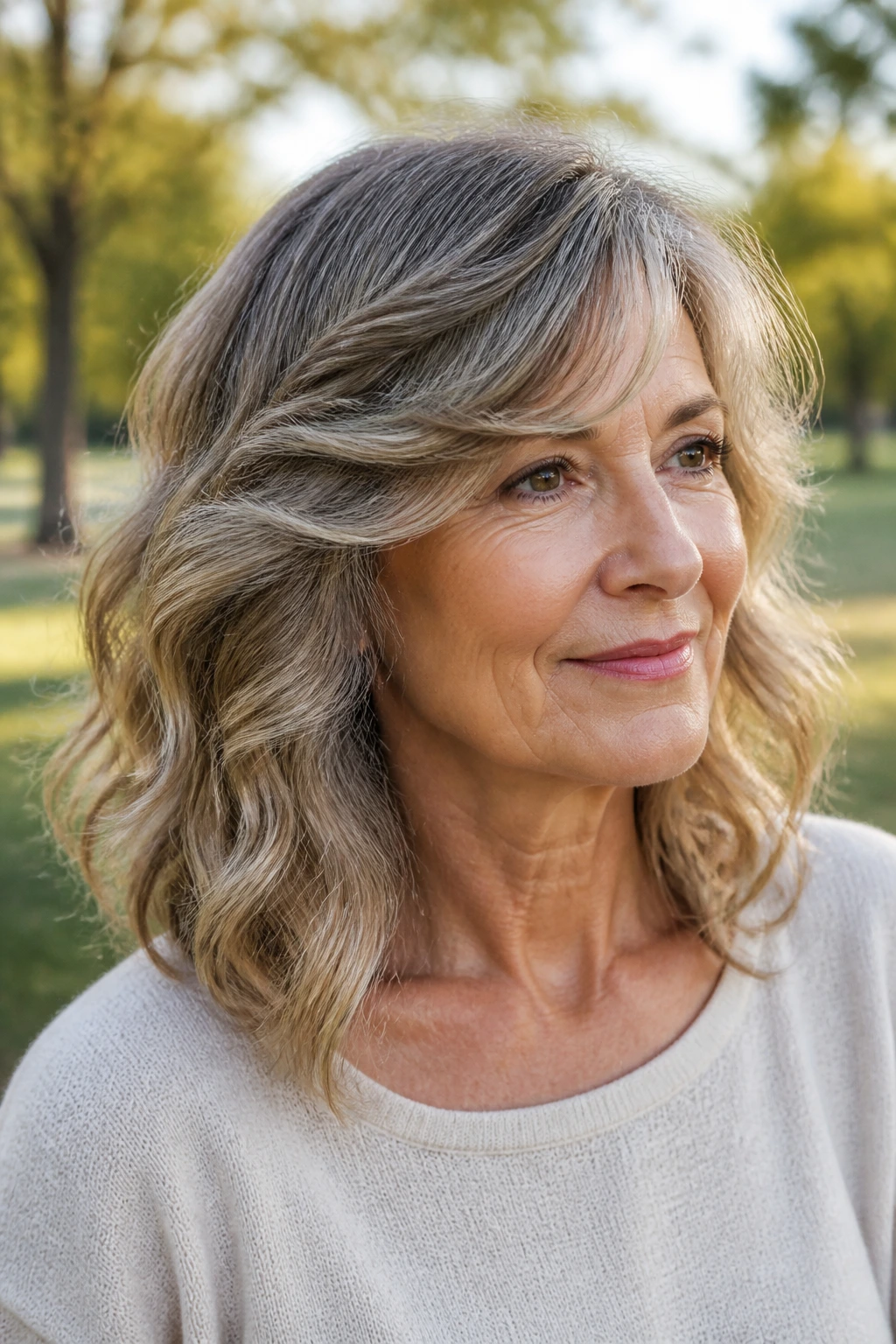 Portrait of a woman with swept bangs for wavy hair in a park light
