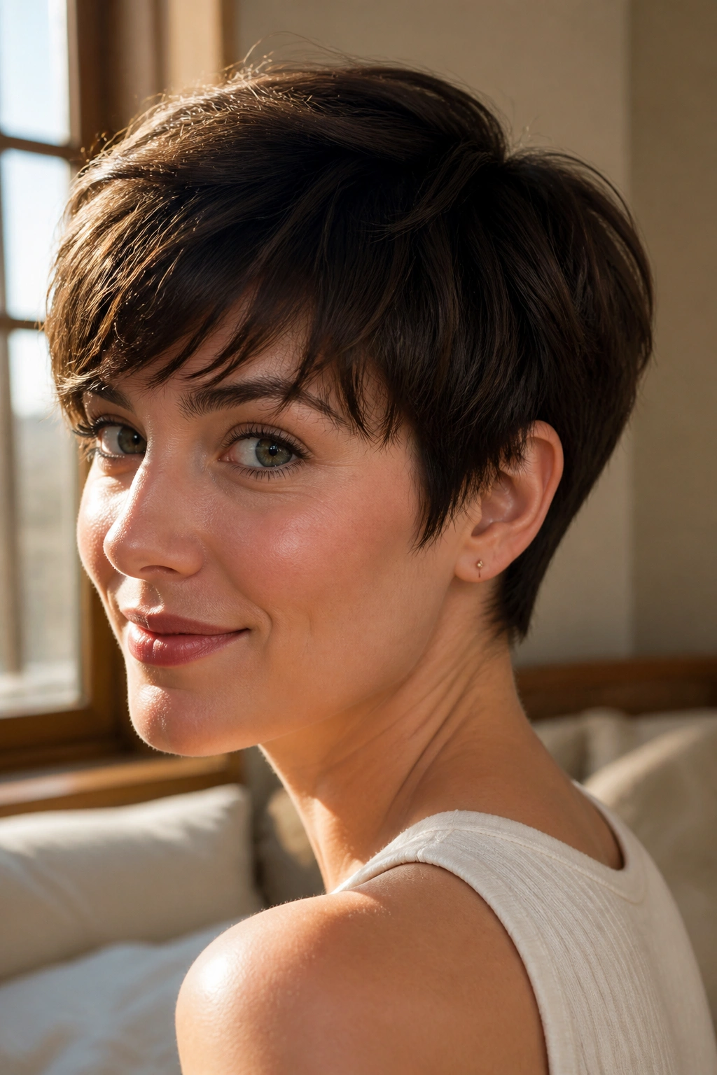 Close-up portrait of a real woman with Swept-Crown Crop With a Tapered Nape, crown sweep and tapered neck in warm window light.