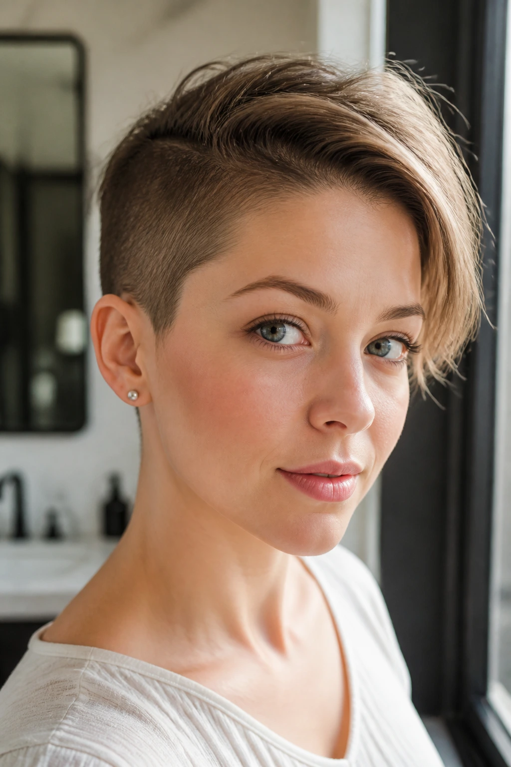 Close-up portrait of a real person with a swept-over undercut on fine hair, top swept to the side.