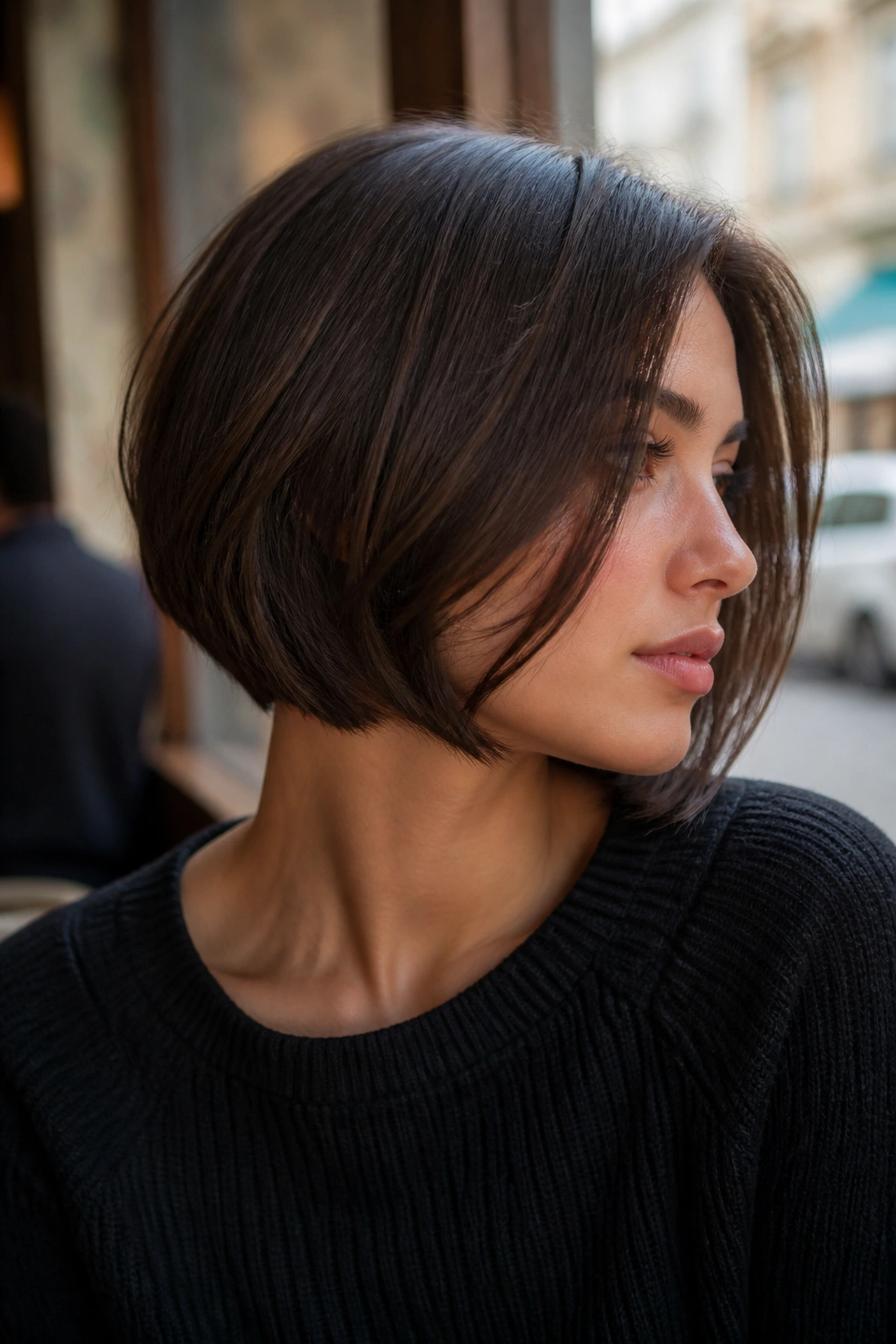 Close-up portrait of a real woman with a smoked brunette jaw-length swing cut showing movement