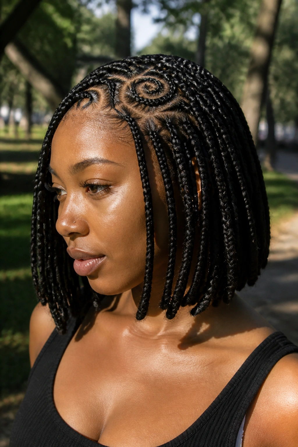 Close-up of a real woman showing swirl-part bob braids in a park setting