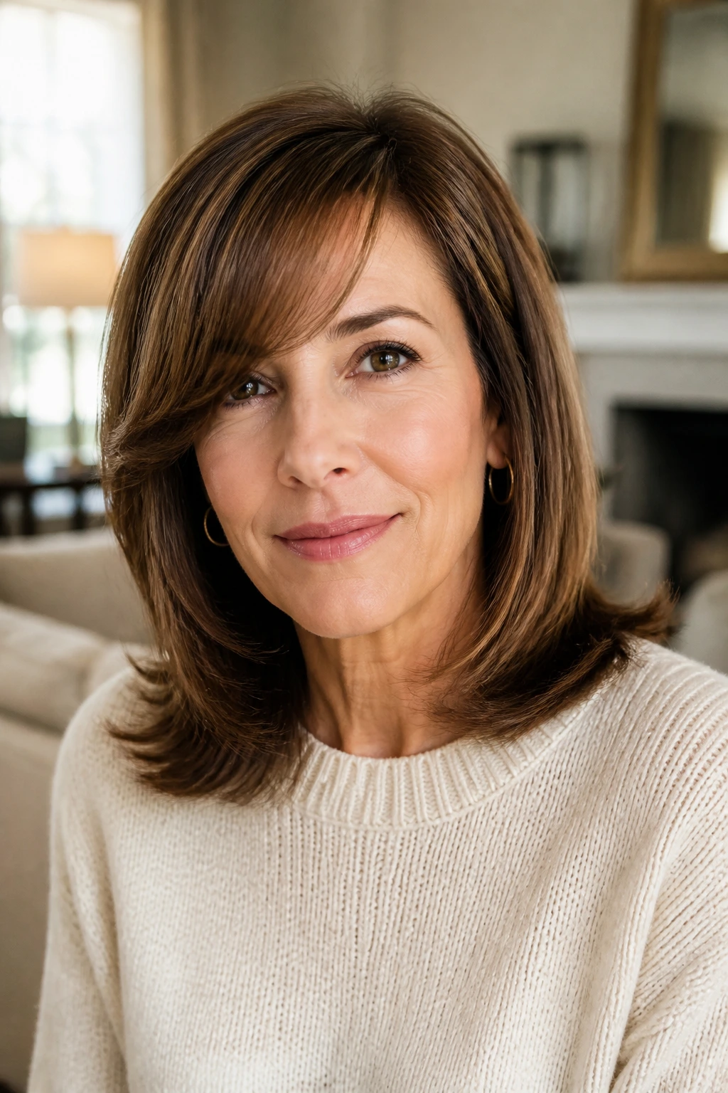 Close-up portrait of a real woman with shoulder-length hair and diagonal swoop bangs in warm living room light