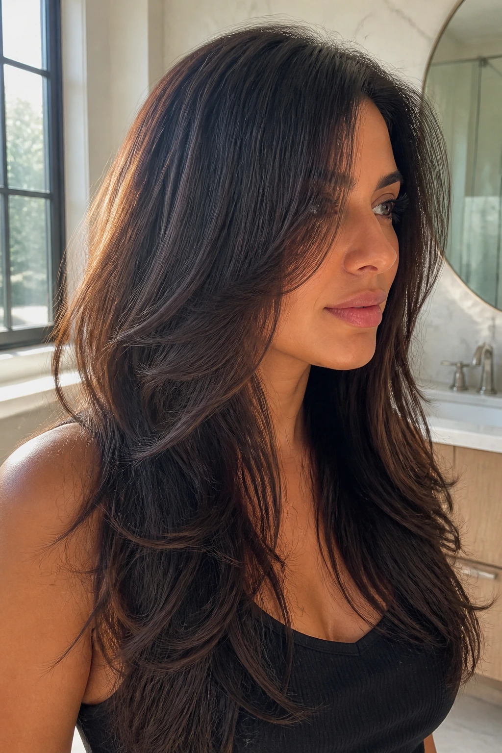 Portrait of a woman with long swoop layers on thick hair sweeping in front