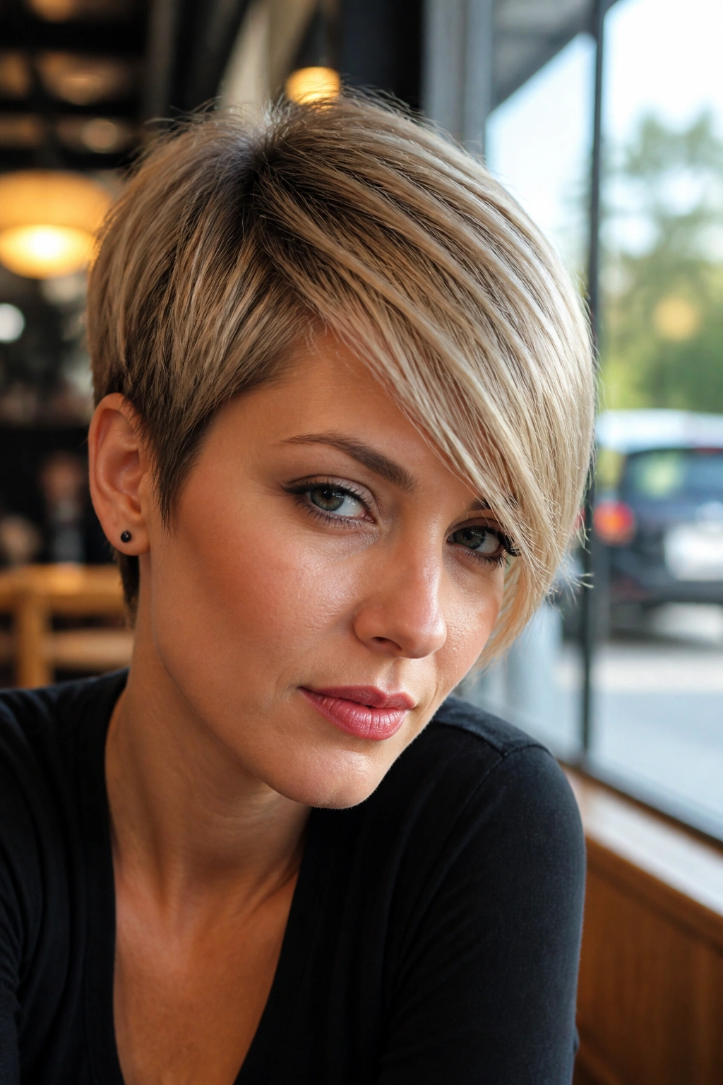Portrait of a real woman with swooped fringe pixie under cafe window light