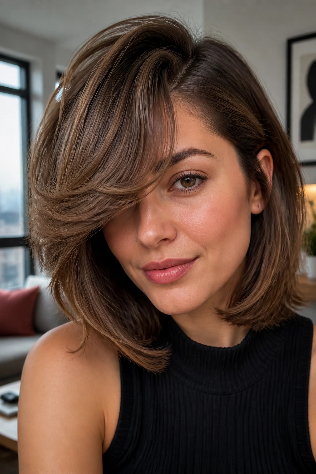 Close-up portrait of a real woman with swoopy bangs in a stylish urban interior