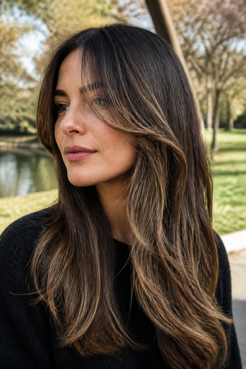 Portrait of a woman with swoopy cheekbone layers framing the face
