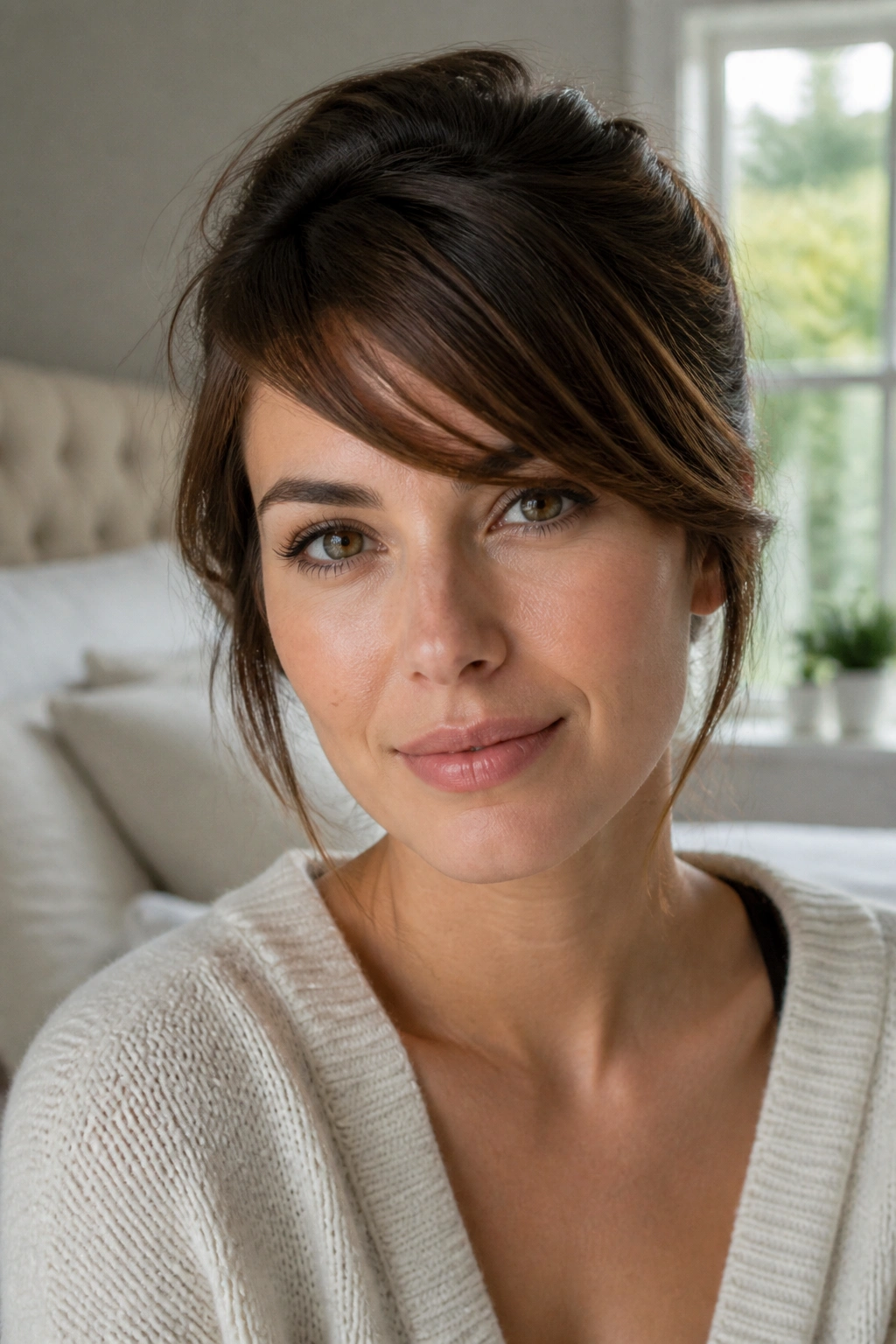 Real woman with swoopy diagonal bangs in a bright room