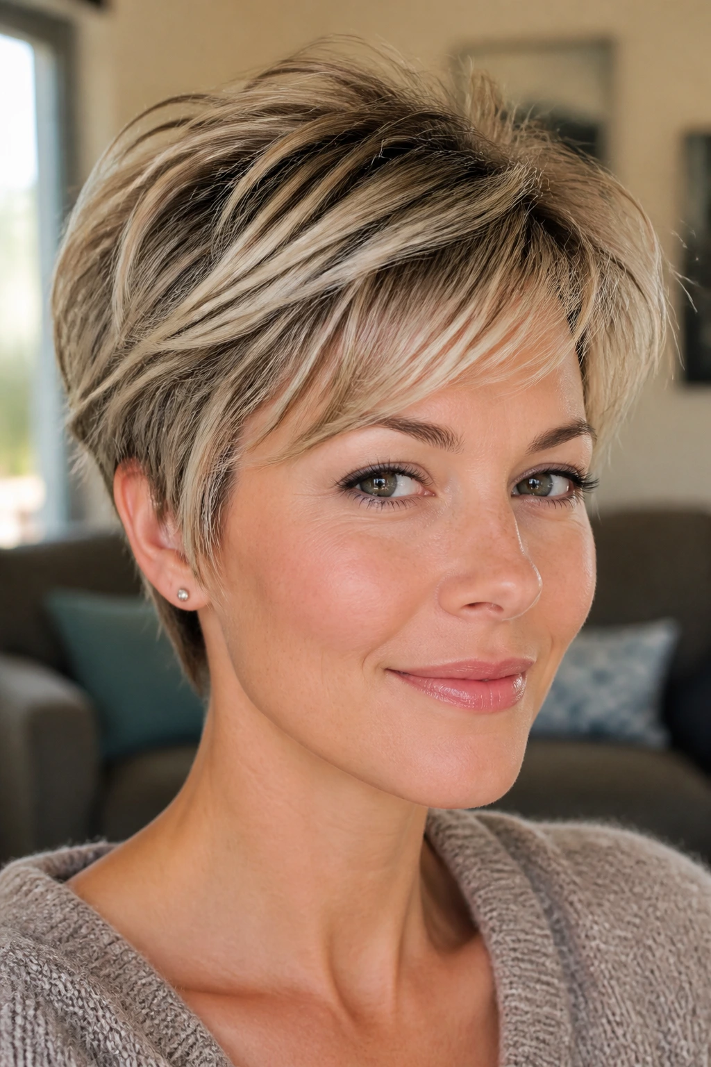 Close-up portrait of a real woman with swoopy layered pixie, longer top pieces