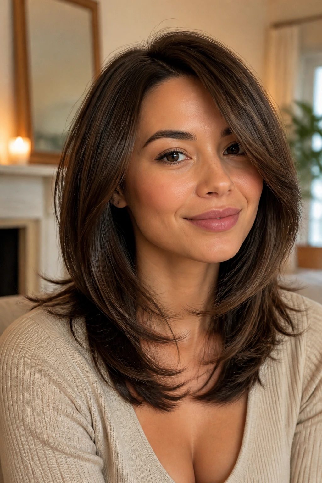 Close-up of a real woman with swoopy layers for a round face in a warm interior