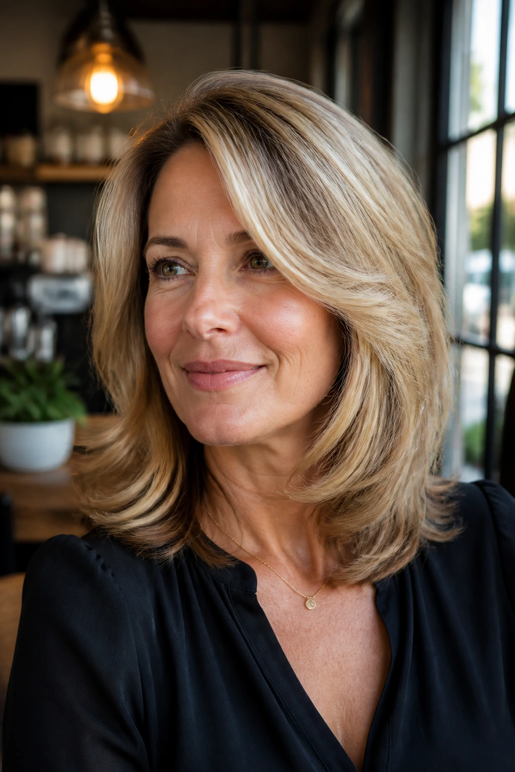 Close-up portrait of a real woman with swoopy layers sweeping away from the face