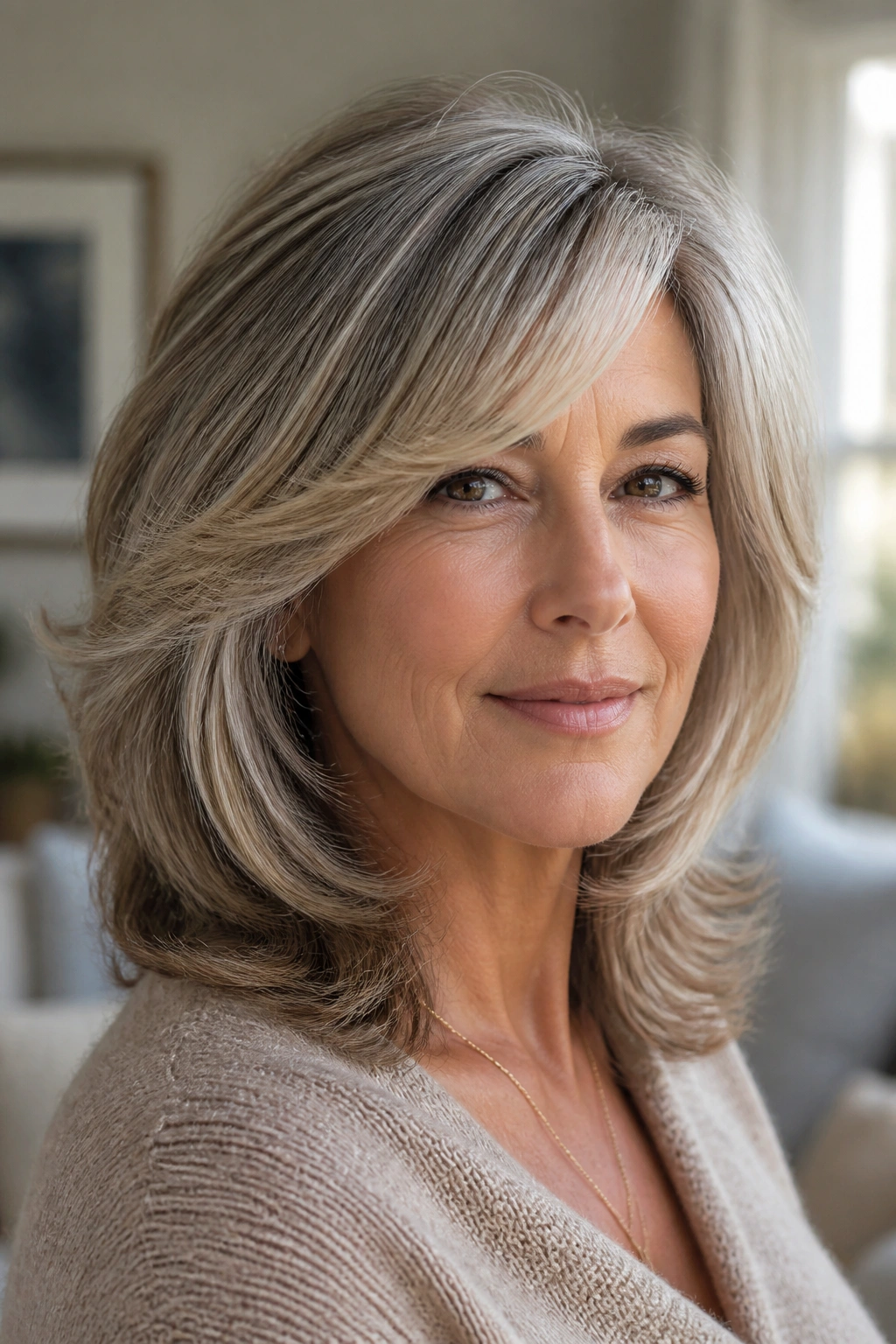 Close-up of a real woman with swoopy layered hair and side bangs under soft window light