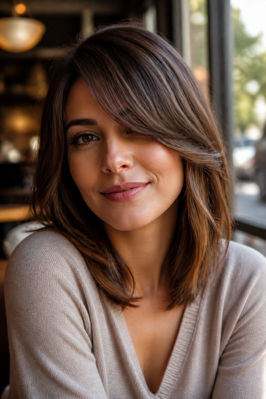Close-up of a woman with swoopy side bangs and medium-length hair