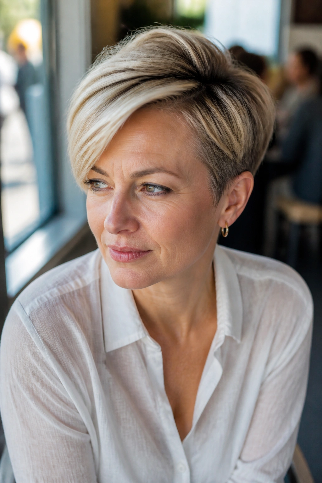 Portrait of a real woman with a swoopy side-parted crop at a sunny cafe window