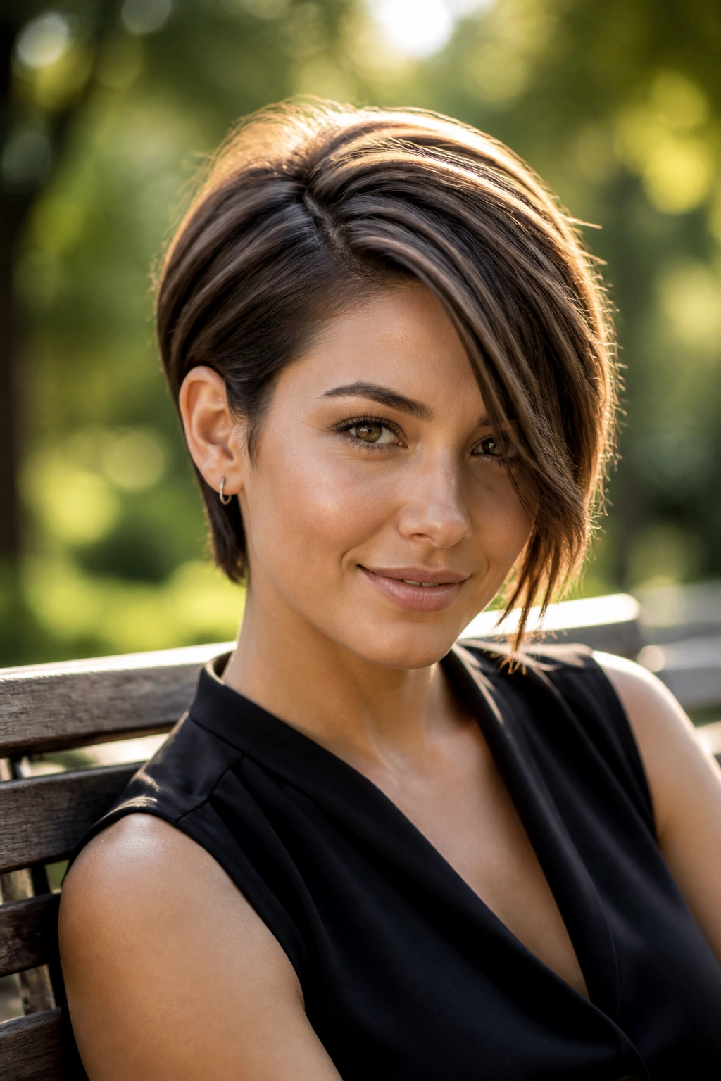 Close-up portrait of a real woman with deep side-part swoopy pixie bob in outdoor light
