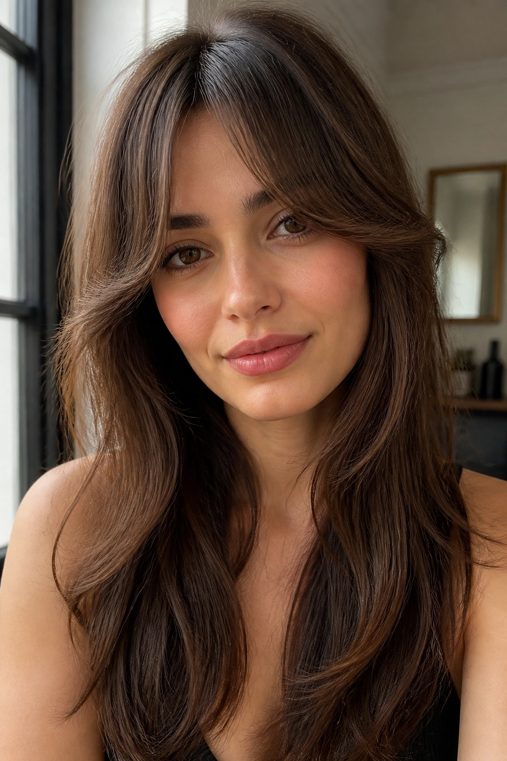 Close-up of a real person with tailored curtain bangs following her face shape.