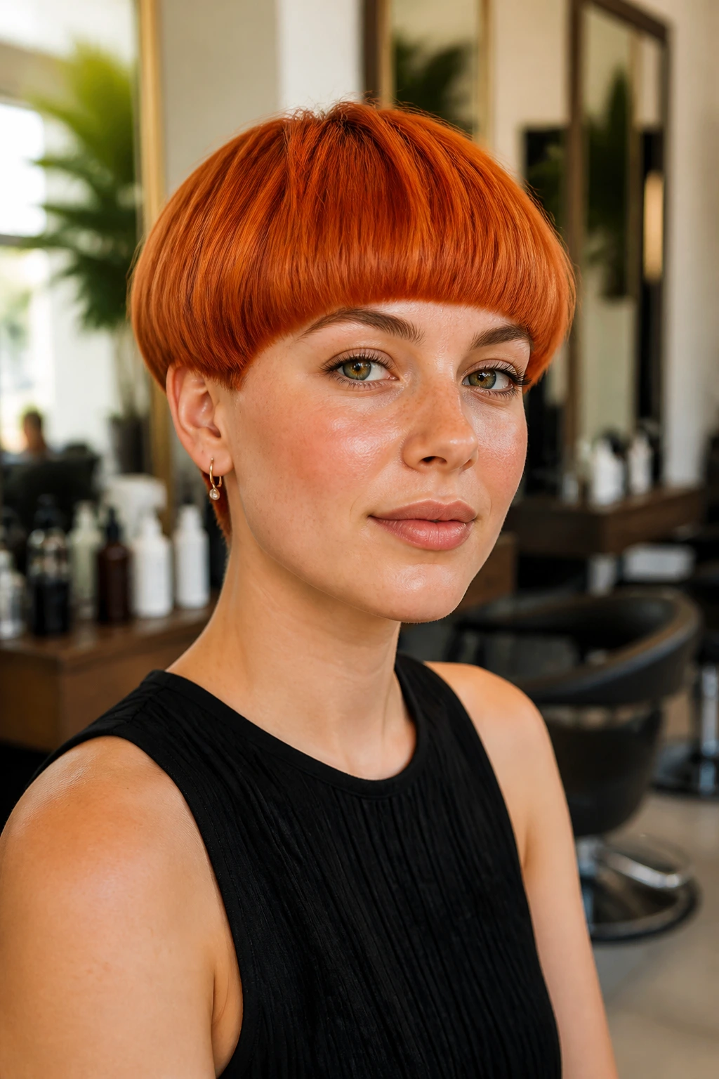 Close-up of a real woman with a tangerine copper bowl cut