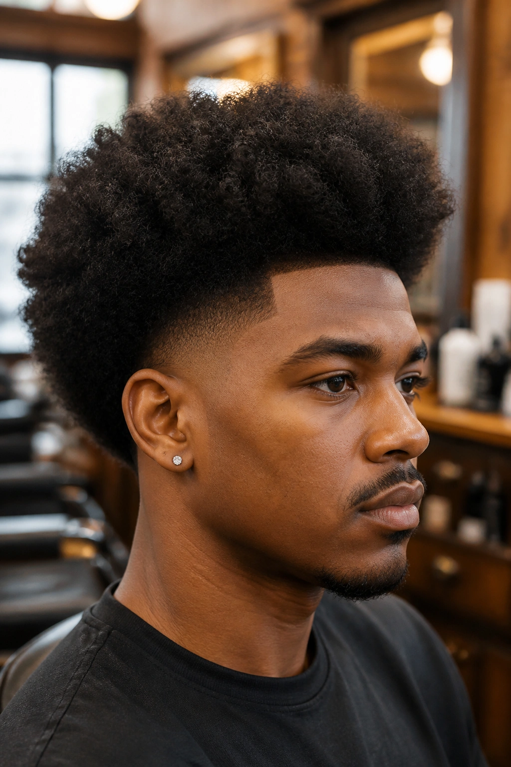Close-up portrait of a man with a tapered fade and rounded Afro in a barbershop