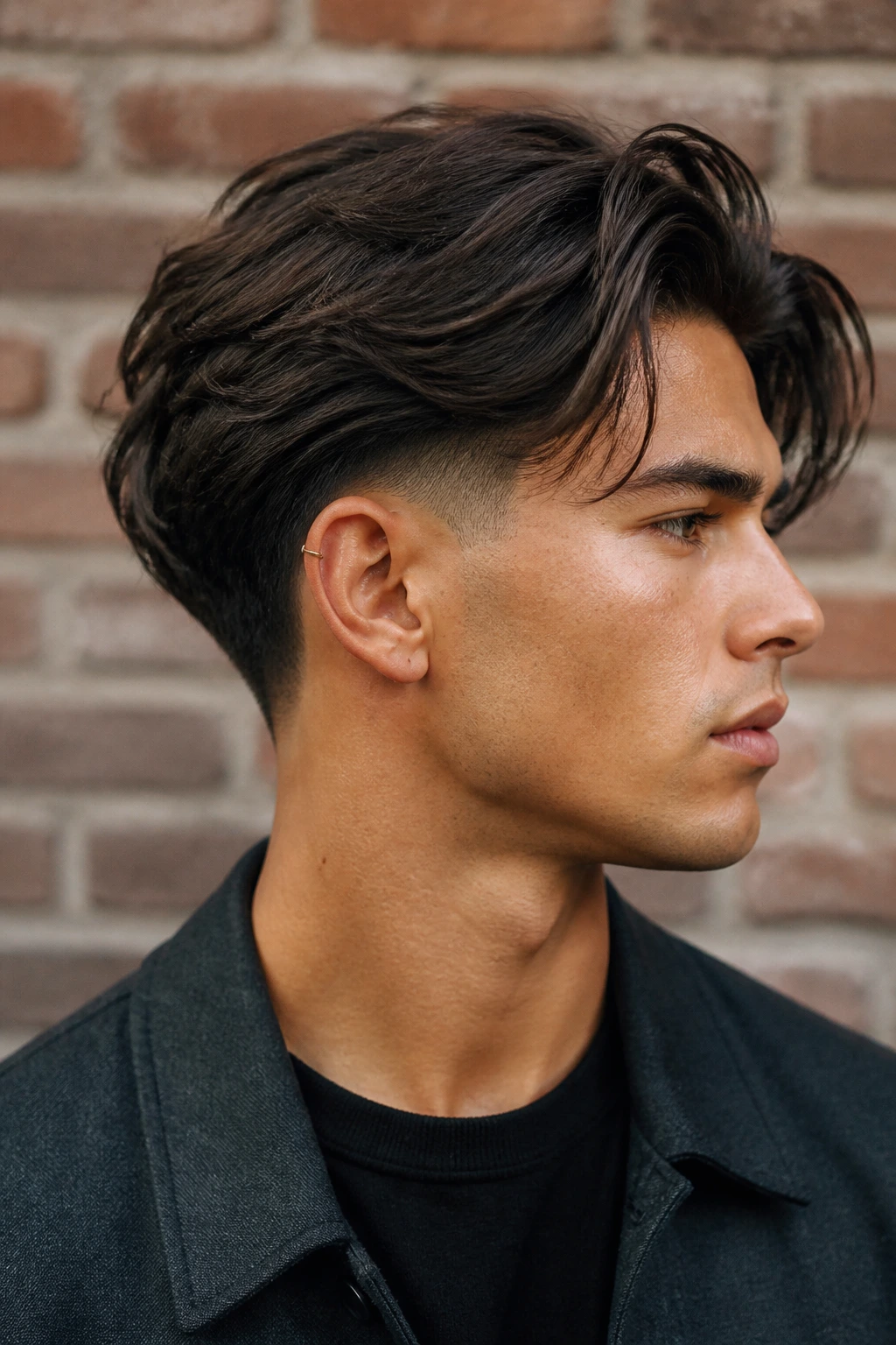 Portrait of man with taper fade and long top in outdoor setting