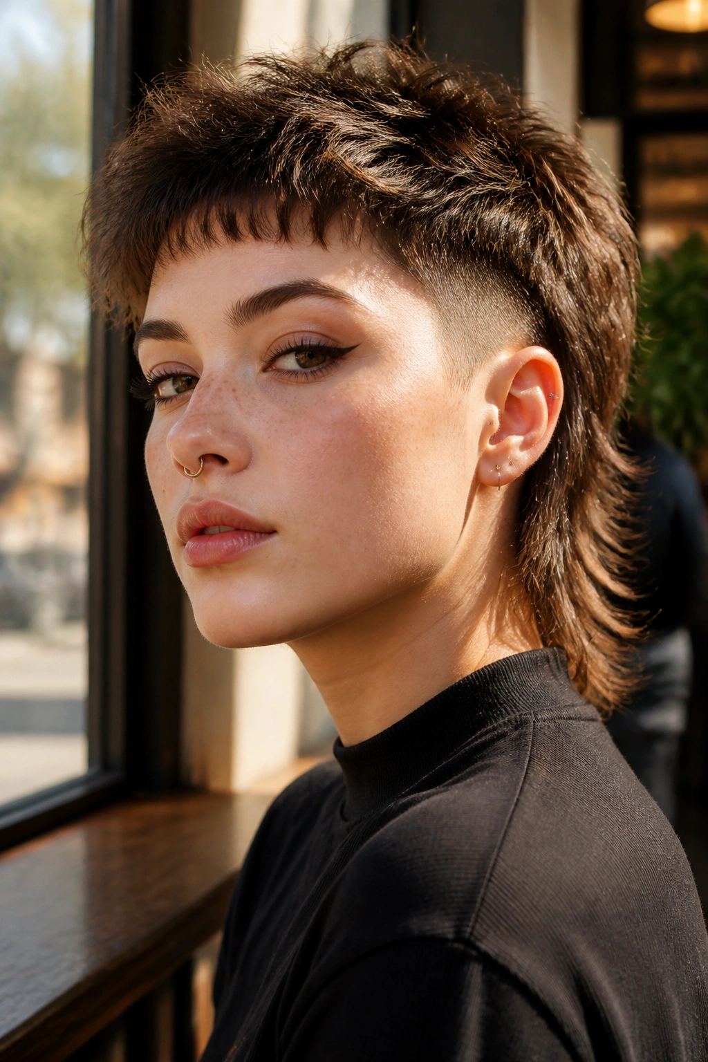 Close-up portrait of a real person with taper fade pixie mullet in a cafe setting
