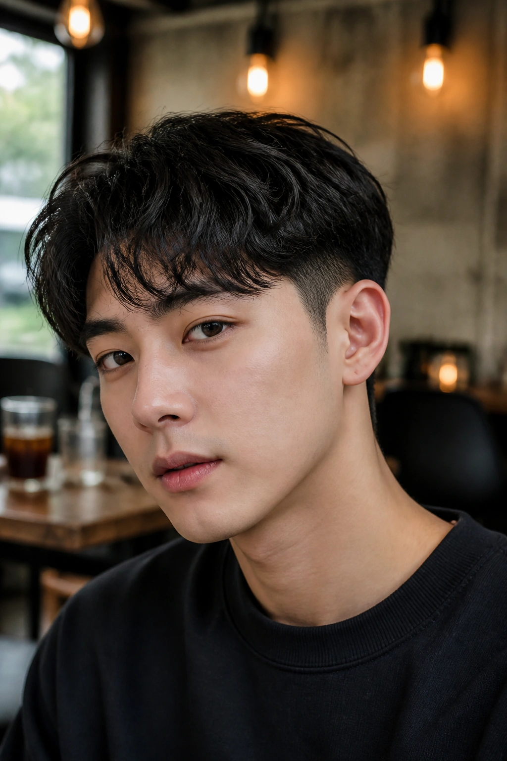 Close-up portrait of a man with a taper fade and wavy fringe in a cafe setting