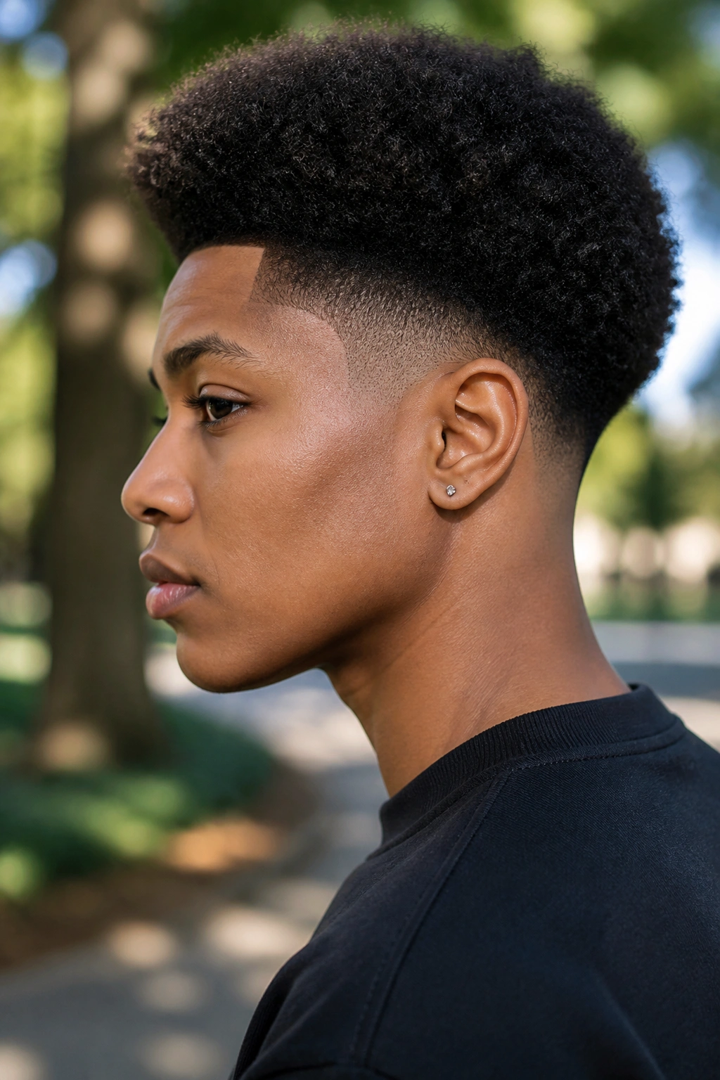 Close-up of a person with a tapered Afro and clean nape in daylight