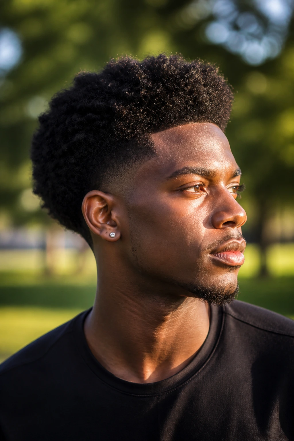 Close-up of a real person with a tapered afro and clean sides during golden hour