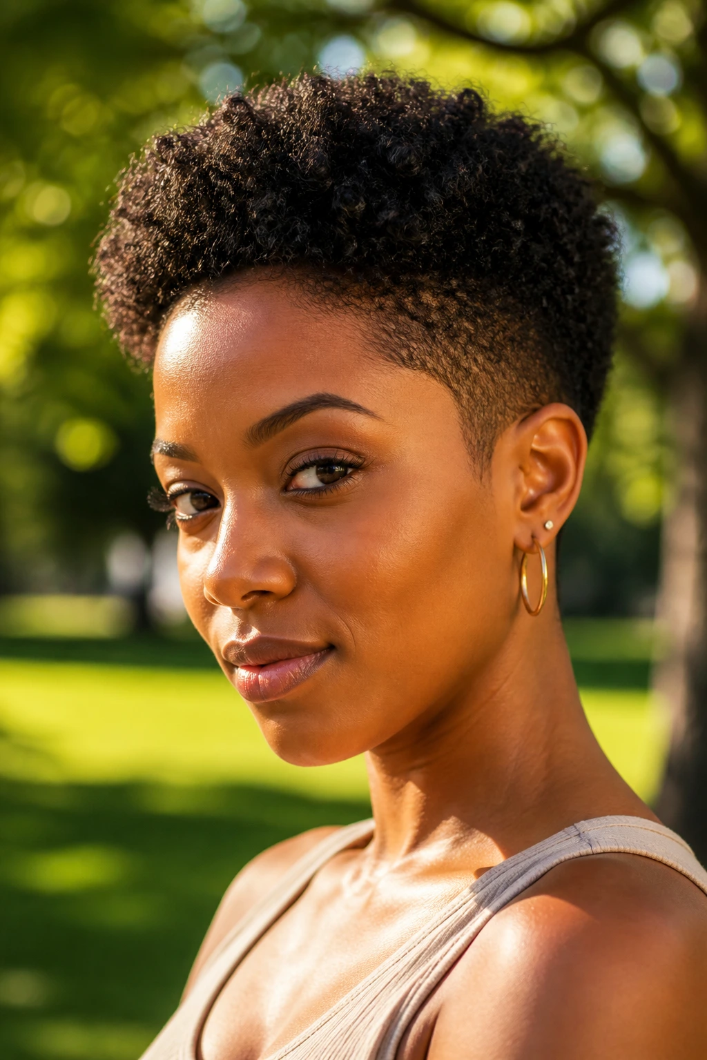 Close-up portrait of a woman with a tapered Afro crop in a sunny park