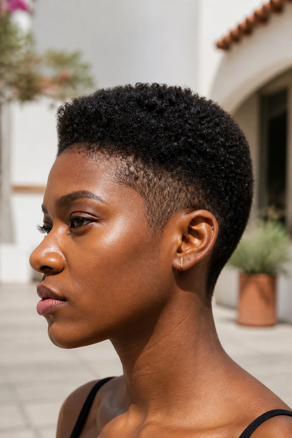 Close-up of a real person with a tapered Afro crop hairstyle