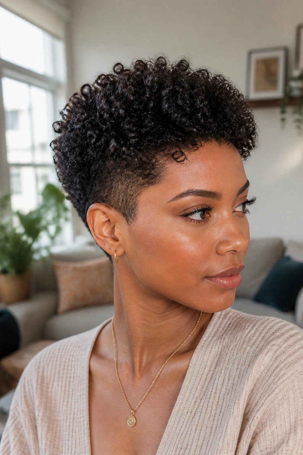 Portrait of a person with a tapered afro crop, curls defined in a cozy interior
