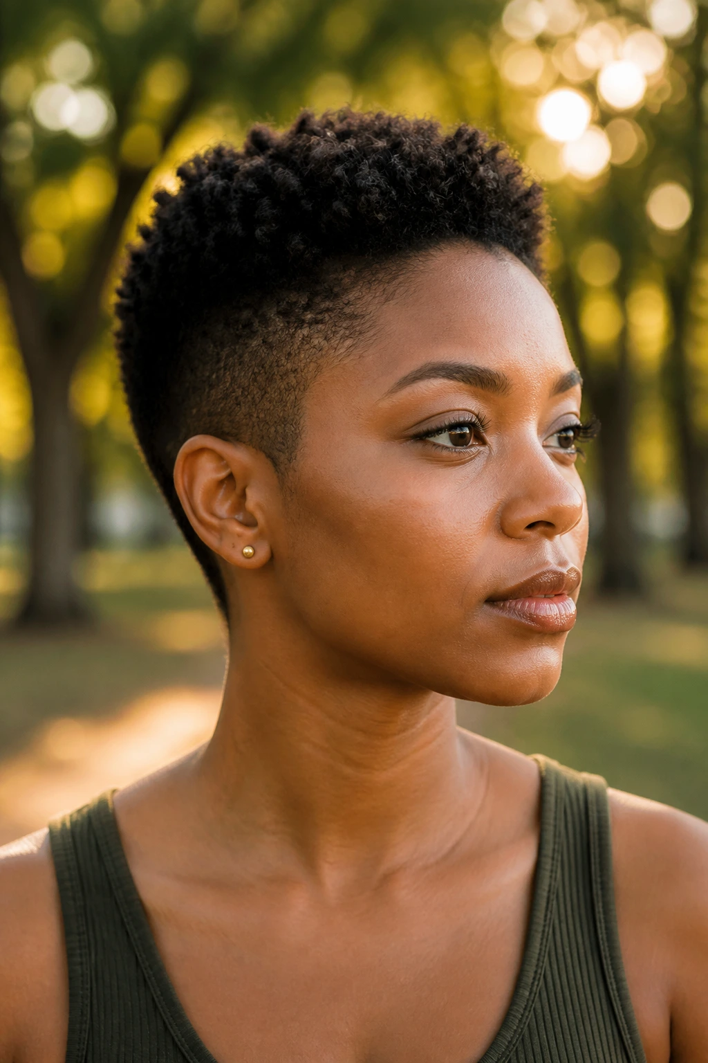 Real woman with tapered Afro Crop hairstyle in natural park lighting