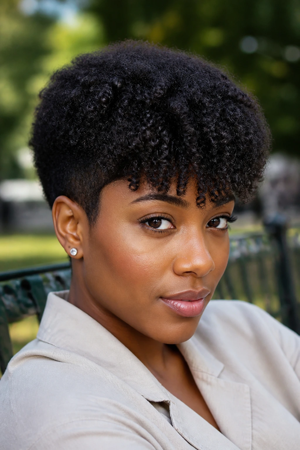 Close-up of a real person with a tapered afro and full fringe
