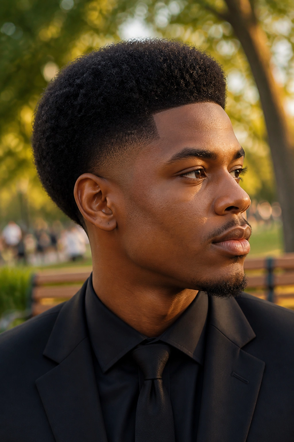 Man with tapered afro hairstyle in park during golden hour