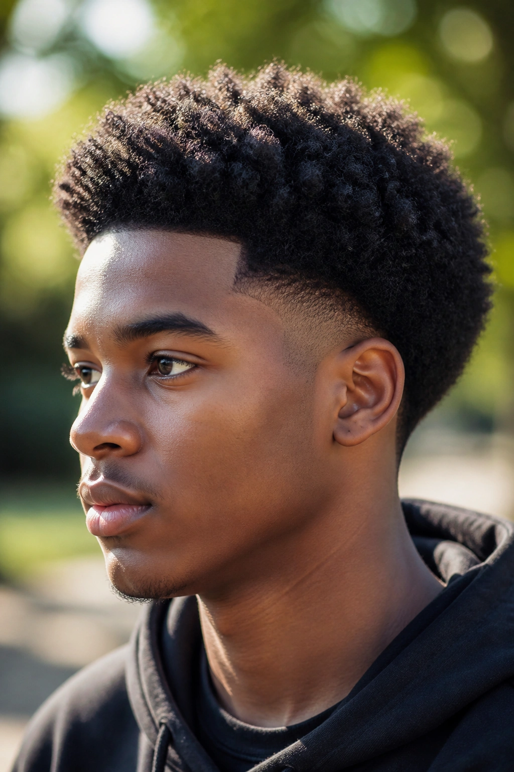 Close-up portrait of a person with a tapered Afro, sides tapered and top full, outdoors in a park.