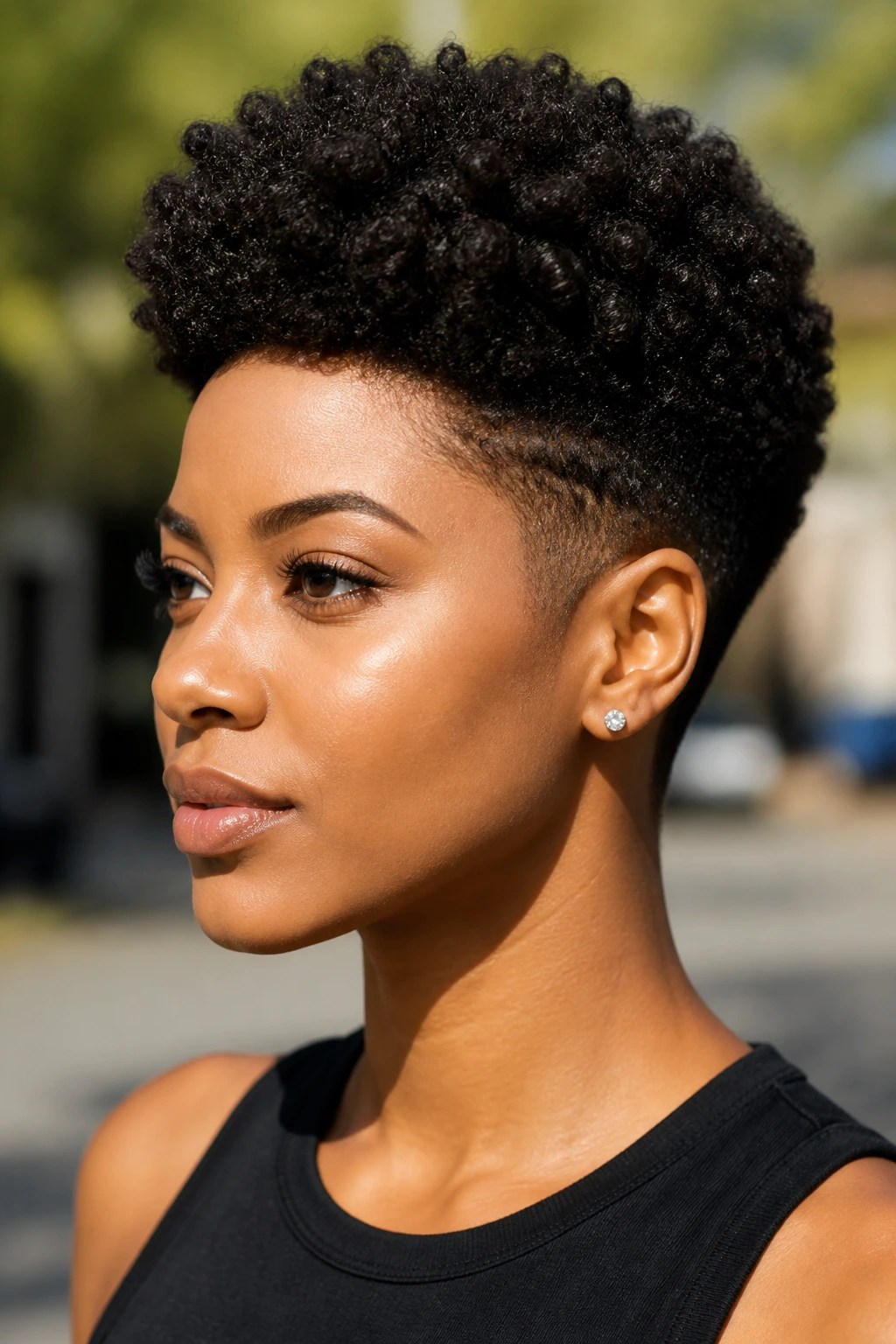 Close-up portrait of a woman with a tapered Afro silhouette
