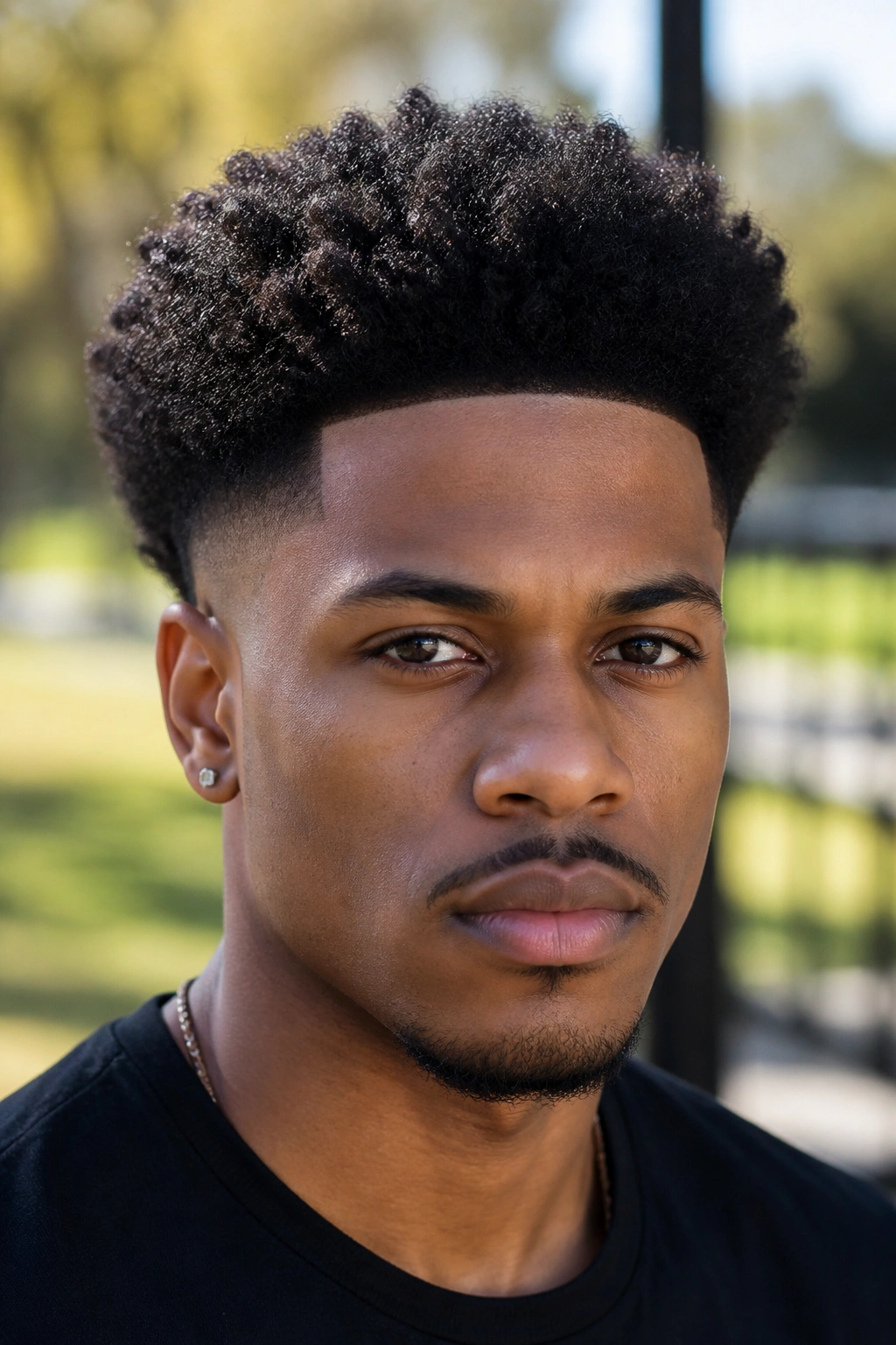 Close-up of a real person with a tapered Afro hairstyle