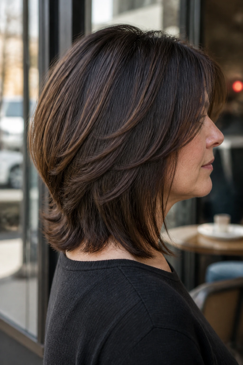 Close-up profile of a real woman with tapered back layers and longer sides