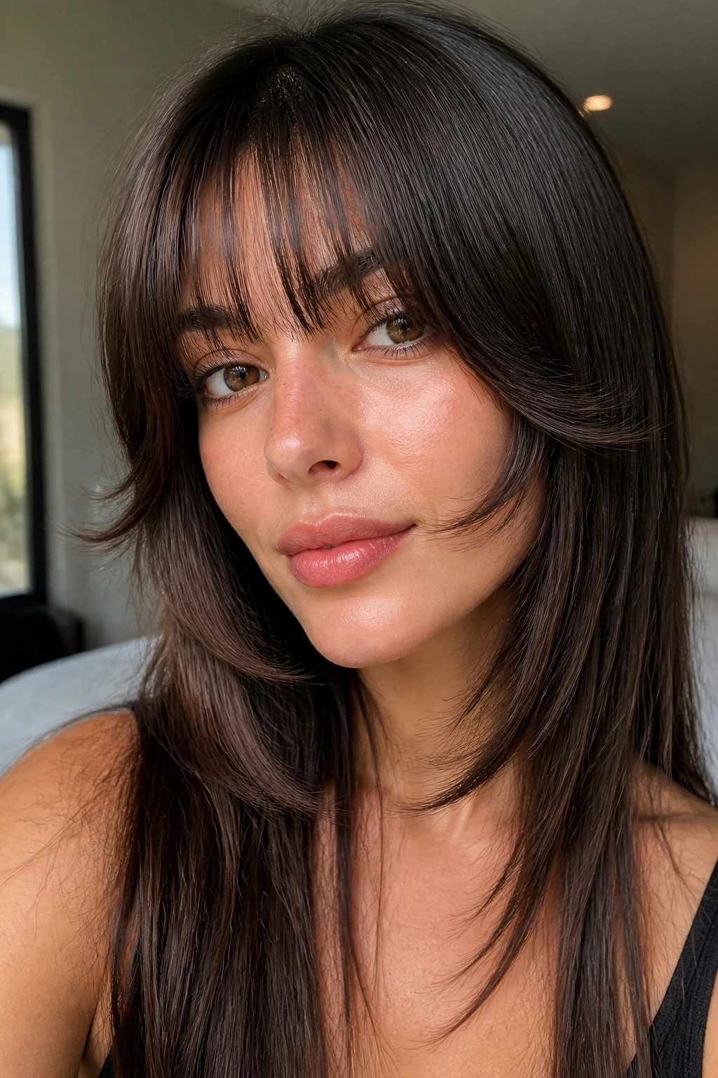 Close-up of a real person with tapered bangs and curved face layers framing the cheeks